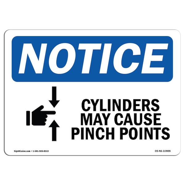 OSHA Notice Sign, 7" Height, Aluminum, Cylinder May Cause Pinch Points Sign With Symbol, Landscape